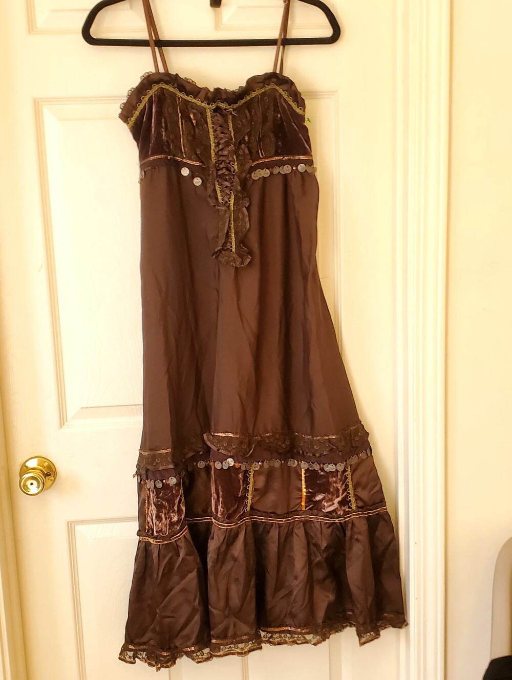 Brown Strapless Maxi Dress with Decorative Trim
